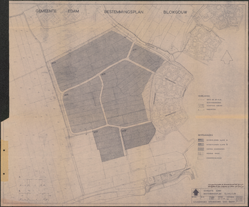 KA1_00027 Kaart van het bestemmingsplan Blokgouw in Volendam, op basis van de kadastrale kaart. Met dwarsprofielen en legenda