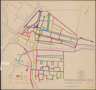 KA4_00033 Plattegrond van Edam met enkele markante punten. Groepen straten zijn aangegeven met verschillende kleuren