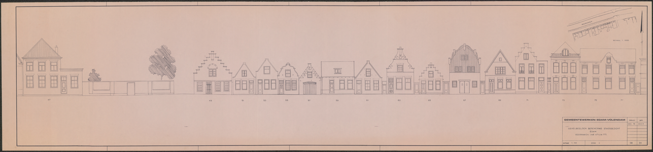 TT1_00020 Tekening van de gevelrij Voorhaven 47 t/m 77 in Edam, met situatieschets