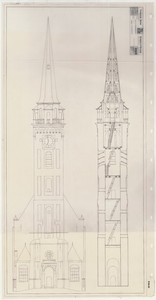 TT2_00014 Vooraanzicht en doorsnede van de toren van de kerk te Middenbeemster met daarin duidelijk aangegeven de ...