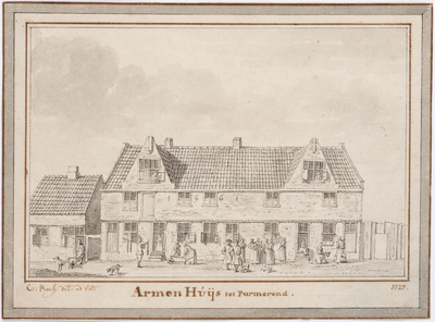 WAT001020893 Het armenhuis anno 1661 met bewoners in en rondom het huis.