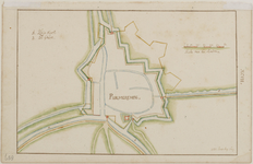 WAT001020162 Plattegrond van Purmerend met ontwerp voor een nieuwe stadsuitbreiding met bolwerken.