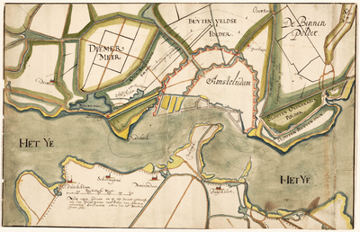 WAT001020264 Kaart met de dijken langs Het IJ, de stad Amsterdam, Diemen, Diemermeer, Buitenveldse polder, Sloten, ...