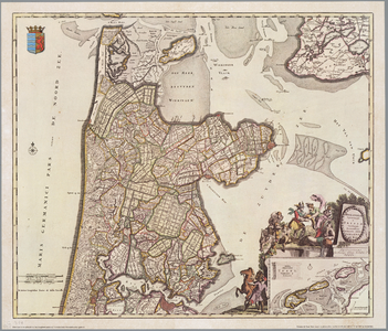 WAT001019858 Overzichtskaart van Noord-Holland met kaartje van de eilanden Texel, Vlieland en Terschelling.