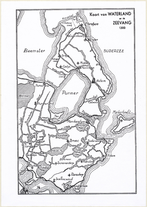 WAT001019896 Historische reconstructiekaart van de waterwegen in Waterland en de Zeevang omstreeks 1300 met plaatsnamen.