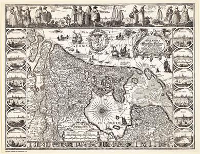 WAT001019824 Staatkundige overzichtskaart van Holland met randversiering met afbeeldingen van de Hollandse steden, ...
