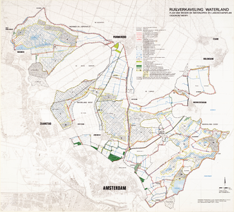 WAT001019902 Topografische kaart met ontwerp landschapsplan en plan van wegen en waterlopen in Waterland met Wormer en ...