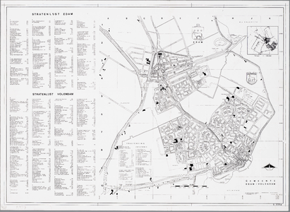 WAT001020013 Plattegrond van Edam en Volendam met uitgebreide gebouwen en stratenlijst.