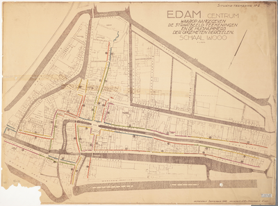 WAT001020017 Thematische plattegrond van Edam met aanduiding van de ouderdom van de gevels in de binnenstad.