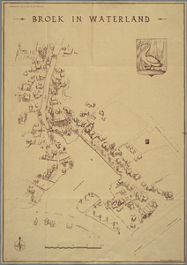 WAT001019995 Plattegrond met de houten huizen van Broek in Waterland in perspectief.