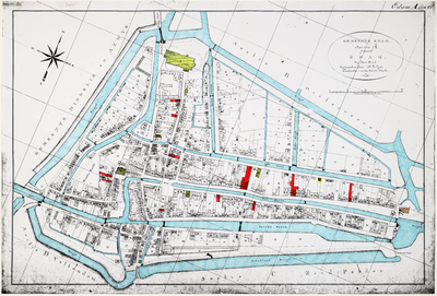WAT001020018 Historische reconstructie kaart van Edam met gegevens over synagoge en woningen van Joden eind 18e en ...