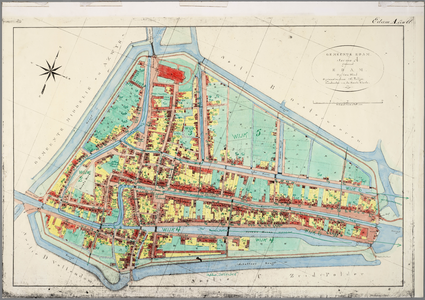 961 Kadastrale kaart van Edam, sectie A, met later aangegeven oude perceel- en wijknummers en namen van gebouwen.