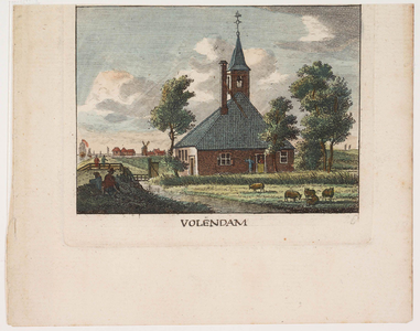 WAT001020968 De hervormde Stolphoevekerk van Volendam. Gebouwd door Adriaan Jan Nieng, molenaar te Hoorn, ingewijd op 6 ...