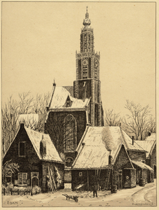 WAT001021014 De Speeltoren met huizen aan de Kleine kerkstraat en Lingerzijde in wintertijd.