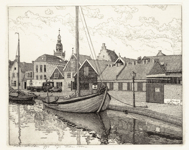 WAT001020843 Haven met boten, woonhuizen en bedrijfsgebouwen.