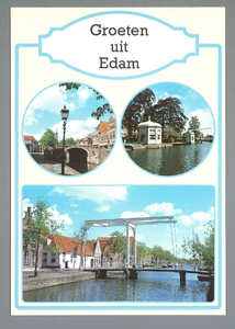 WAT001011102 Ansichtkaart met het Damplein, theekoepels en een brug.