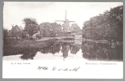 WAT001012850 Meelmolen ,,De Noord ' met een aantal huisjes die deels in het water stonden. De molen is op 12 september ...