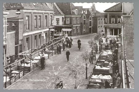 WAT001013178 De varkensmarkt. Tot 1973 werd er op dinsdag de varkensmarkt gehouden in de Willem Eggertstraat en op het ...