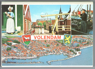 WAT001013292 Ansichtkaart met afbeeldingen van typisch Volendams meisje, de ophaalbrug aan de Visserstraat, een visser ...