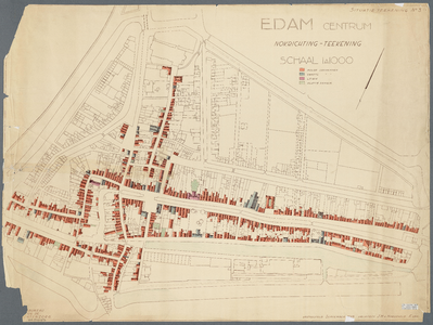 WAT001020394 Plattegrond van Edam, met daarop ingetekend de daken van (rijks?)monumenten met hun bekleding