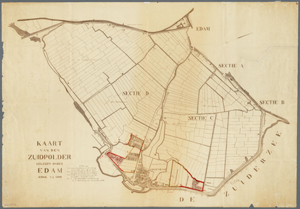 WAT001020395 Kaart van de kadastrale secties Edam, C en D (Zuidpolder met Volendam) met daarop aangegeven twee ...