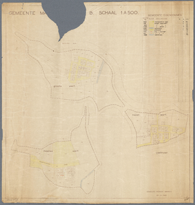 WAT001020416 Kadastrale kaart van Marken, sectie B, met in kleur aangegeven de gemeentelijke eigendommen. Met lijst van ...