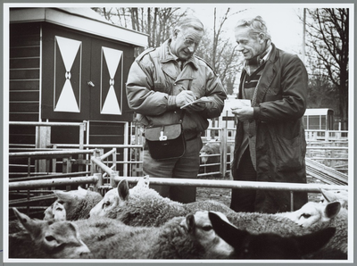 WAT001016232 Foto: Toon Wessels (links) schrijft een bonnetje uit voor een handelaar op de schapenmarkt.Toon Wessels ...