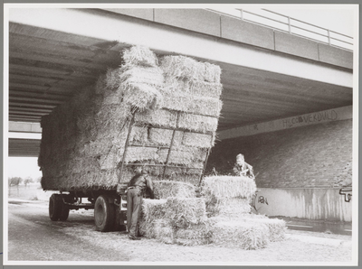 WAT001016899 Hooiwagen klem onder viaduct. Politie-onderzoek. De politie-agenten stonden voor een raadsel, afgelopen ...