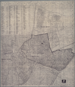 WAT001021096 Plattegrond van de gemeente Purmerend met door blokpatronen aangegeven een Singel-wijk en een Tabor-wijk