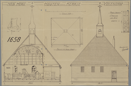 WAT001021101 Doorsnede, projectie en aanzicht van de Nederlands-Hervormde kerk van Volendam, alsmede de tekeningen van ...