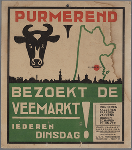 WAT001020920 Aankondiging van de V.V.V. van Purmerend betreffende de vee- en zuivelmarkt iedere dinsdag.