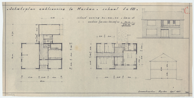 WAT054000106 Plattegronden, geveltekening en doorsnede van geplande ambtswoning van burgemeester