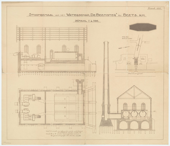 WAT054000003 Dwarsdoorsneden, plattegrond en situatieschets van het stoomgemaal bij Beets
