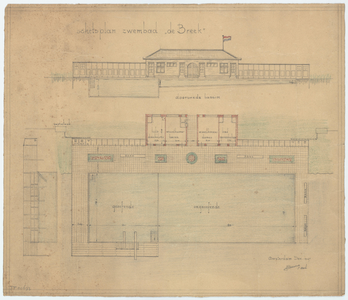WAT054000095 Doorsnede en plattegrond van het zwembad De Breek 