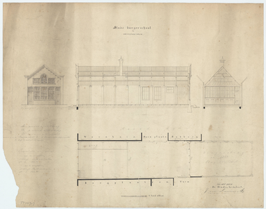WAT054000126 Geveltekening, doorsneden en plattegrond van de stadsburgerschool met plan tot vergroting in 1867