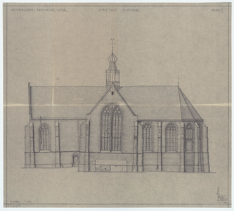 WAT054000158 Geveltekening (zuidgevel) van de Nederlands Hervormde Kerk te Oosthuizen