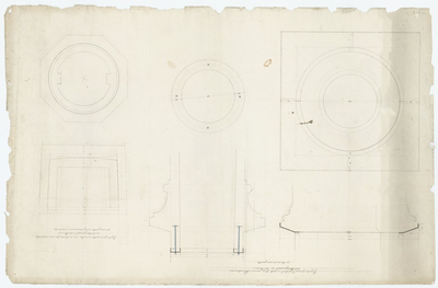 WAT054000197 Doorsneden en tekeningen van détails van de schoorsteen en sluisdeurtjes van het gemaal in de Purmer