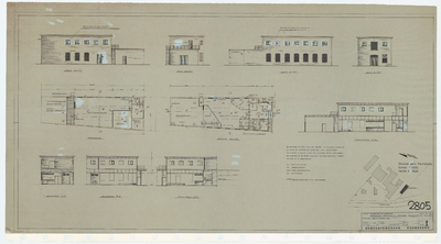 WAT054000243 Plattegronden, geveltekeningen en doorsneden van Jeugdstad Hollandia, met situatieschets. Blad 1