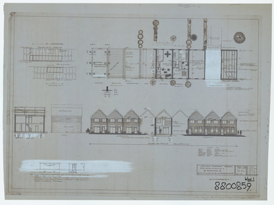 WAT054000259 Geveltekeningen, plattegronden, doorsneden etc. voor Vooruitstraat 71-89 en 72-80, met situatieschets. Blad 1