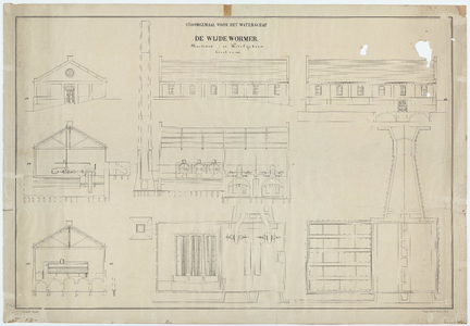 WAT054000316 Plattegrond, geveltekeningen en doorsneden van het stoomgemaal voor de Wijde Wormer