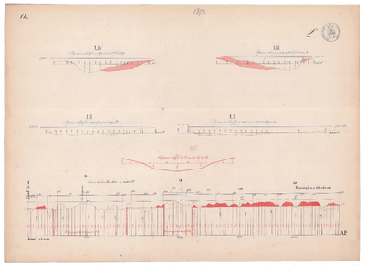 19231-V12 [Geen titel] Lengte- en dwarsdoorsneden van de Regge, ter hoogte van Nijverdal. Huis Boomkate, Vloedgraven., 1870