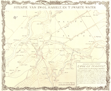 797-KD000335 Situatie van Zwol, Hasselt, en 't Swarte Water Kopie van vier atlaskaarten die de situatie in 1701 ...