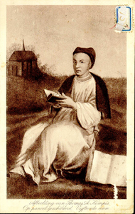1070 PBKR3745 Thomas a Kempis (1380-1471) zittend met een boek in zijn handen, op de achtergrond het Agnietenklooster ...