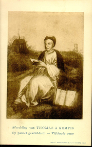 1076 PBKR3751 Portret van Thomas a Kempis (1380-1471), subprior, op de achtergrond het Sint-Agnietenklooster op de ...