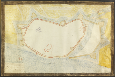 808 Zonder titel Vestingwerken Deventer, getekend en gekleurd, op perkament. Chaerte der Stadt Deuenter den ...