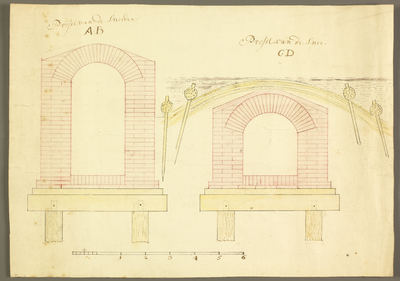 822 Zonder titel Kaart van Deventer kunstwerken: Profieltekeningen Sluis in de Snippelingsdijk, getekend en gekleurd., ...