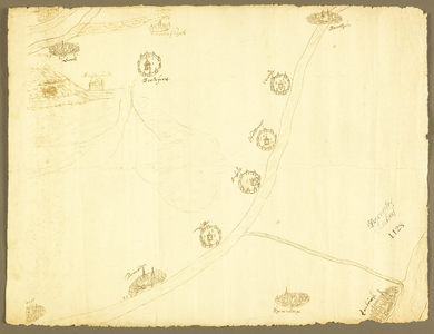 194 Zonder titel Schetsmatige aanduiding van steden en havezaten langs de Oude IJssel, van Bocholt tot aan Doesborgh. ...