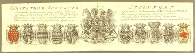 197 Comitatuum Bentheim et Steinfurt De wapens van 4 huizen gelieerd aan dat van Bentheim, geflankeerd door het wapen ...