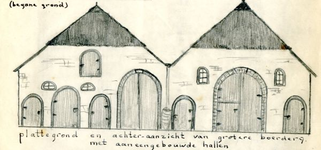 223-022 Achteraanzicht van een grotere boerderij met aangebouwde hallen