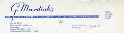 0043-0166 G. Meerdink's Hout- en Bouwmaterialenhandel en Timmerfabriek C.V. Zagerij en Schaverij - Triplex - Boards